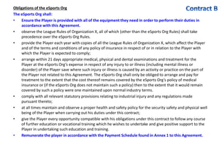 Obligations of the eSports Org
The eSports Org shall:
? Ensure the Player is provided with all of the equipment they need in order to perform their duties in
accordance with this Agreement.
? observe the League Rules of Organization X, all of which (other than the eSports Org Rules) shall take
precedence over the eSports Org Rules.
? provide the Player each year with copies of all the League Rules of Organization X, which affect the Player
and of the terms and conditions of any policy of insurance in respect of or in relation to the Player with
which the Player is expected to comply;
? arrange within 21 days appropriate medical, physical and dental examinations and treatment for the
Player at the eSports Orgs expense in respect of any injury to or illness (including mental illness or
disorder) of the Player save where such injury or illness is caused by an activity or practice on the part of
the Player not related to this Agreement. The eSports Org shall only be obliged to arrange and pay for
treatment to the extent that the cost thereof remains covered by the eSports Orgs policy of medical
insurance or (if the eSports Org does not maintain such a policy) then to the extent that it would remain
covered by such a policy were one maintained upon normal industry terms.
? comply with all relevant statutory provisions relating to industrial injury and any regulations made
pursuant thereto;
? at all times maintain and observe a proper health and safety policy for the security safety and physical well
being of the Player when carrying out his duties under this contract;
? give the Player every opportunity compatible with his obligations under this contract to follow any course
of further education or vocational training which he wishes to undertake and give positive support to the
Player in undertaking such education and training.
? Remunerate the player in accordance with the Payment Schedule found in Annex 1 to this Agreement.
 