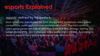 esports: defined by Wikipedia is,
Most commonly, esports take the form of organized, multiplayer video game
competitions, ...