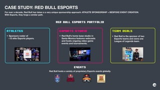 For over a decade, Red Bull has taken a a very unique sponsorship approach: ATHLETE SPONSORSHIP + BESPOKE EVENT
CREATION. With Esports, they forge a similar path.
 