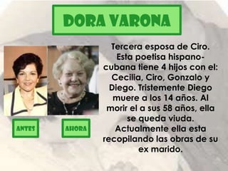 Dora VaronaTercera esposa de Ciro.Esta poetisa hispano-cubana tiene 4 hijos con el: Cecilia, Ciro, Gonzalo y Diego. Tristemente Diego muere a los 14 años. Al morir el a sus 58 años, ella se queda viuda. Actualmente ella esta recopilando las obras de su ex marido.antesahora