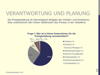 VERANTWORTUNG UND PLANUNG
  Die Preisgestaltung ist überwiegend Aufgabe der Inhaber und Direktoren.
  Dies unterstreicht den hohen Stellenwert des Preises in der Hotellerie.




                            Frage 1: Wer ist in Ihrem Unternehmen für die
                                  Preisgestaltung verantwortlich?
                              2%     2% 1%   1%
                               3%                             Inhaber/ In
                                                              Direktor/ In
                                6%
                                                              Revenue Manager/ In
                                                              Marketingmanager/ In
                                                              Externe Firma/Berater
                             26%
                                              59%             Empfangsleiter/ In
                                                              Direktionsassistent/ In
                                                              Vertriebsleiter/ In




                                                                                        10
© Eva-Maria Deutsch, 2013
 