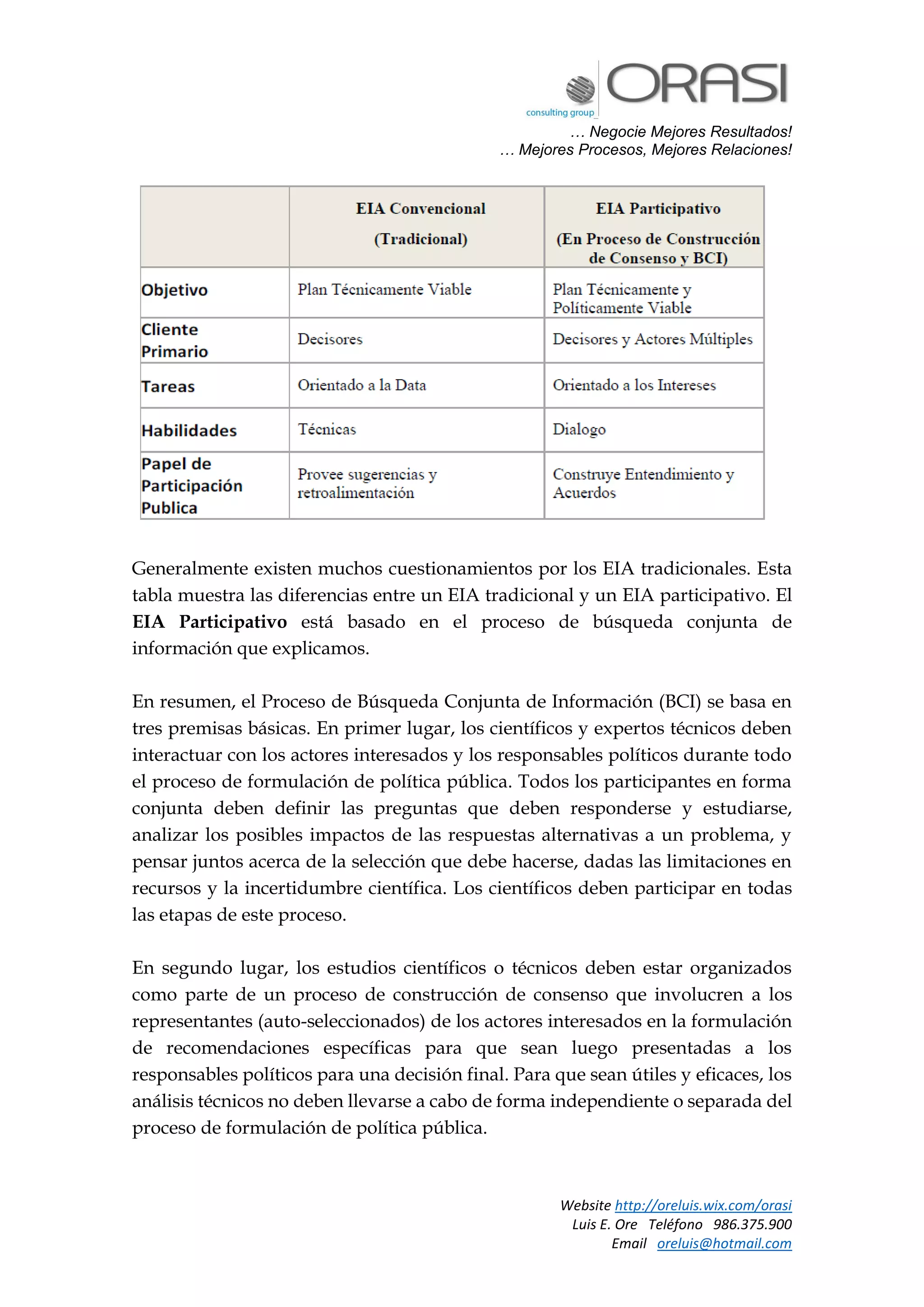 … Negocie Mejores Resultados!
… Mejores Procesos, Mejores Relaciones!
Website http://oreluis.wix.com/orasi
Luis E. Ore Teléfono 986.375.900
Email oreluis@hotmail.com
Generalmente existen muchos cuestionamientos por los EIA tradicionales. Esta
tabla muestra las diferencias entre un EIA tradicional y un EIA participativo. El
EIA Participativo está basado en el proceso de búsqueda conjunta de
información que explicamos.
En resumen, el Proceso de Búsqueda Conjunta de Información (BCI) se basa en
tres premisas básicas. En primer lugar, los científicos y expertos técnicos deben
interactuar con los actores interesados y los responsables políticos durante todo
el proceso de formulación de política pública. Todos los participantes en forma
conjunta deben definir las preguntas que deben responderse y estudiarse,
analizar los posibles impactos de las respuestas alternativas a un problema, y
pensar juntos acerca de la selección que debe hacerse, dadas las limitaciones en
recursos y la incertidumbre científica. Los científicos deben participar en todas
las etapas de este proceso.
En segundo lugar, los estudios científicos o técnicos deben estar organizados
como parte de un proceso de construcción de consenso que involucren a los
representantes (auto-seleccionados) de los actores interesados en la formulación
de recomendaciones específicas para que sean luego presentadas a los
responsables políticos para una decisión final. Para que sean útiles y eficaces, los
análisis técnicos no deben llevarse a cabo de forma independiente o separada del
proceso de formulación de política pública.
 