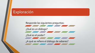 Exploración 
Responde las siguientes preguntas: 
¿Qué es un diálogo? 
¿Qué es el poder? 
¿A qué se refiere el diálogo de saberes? 
 