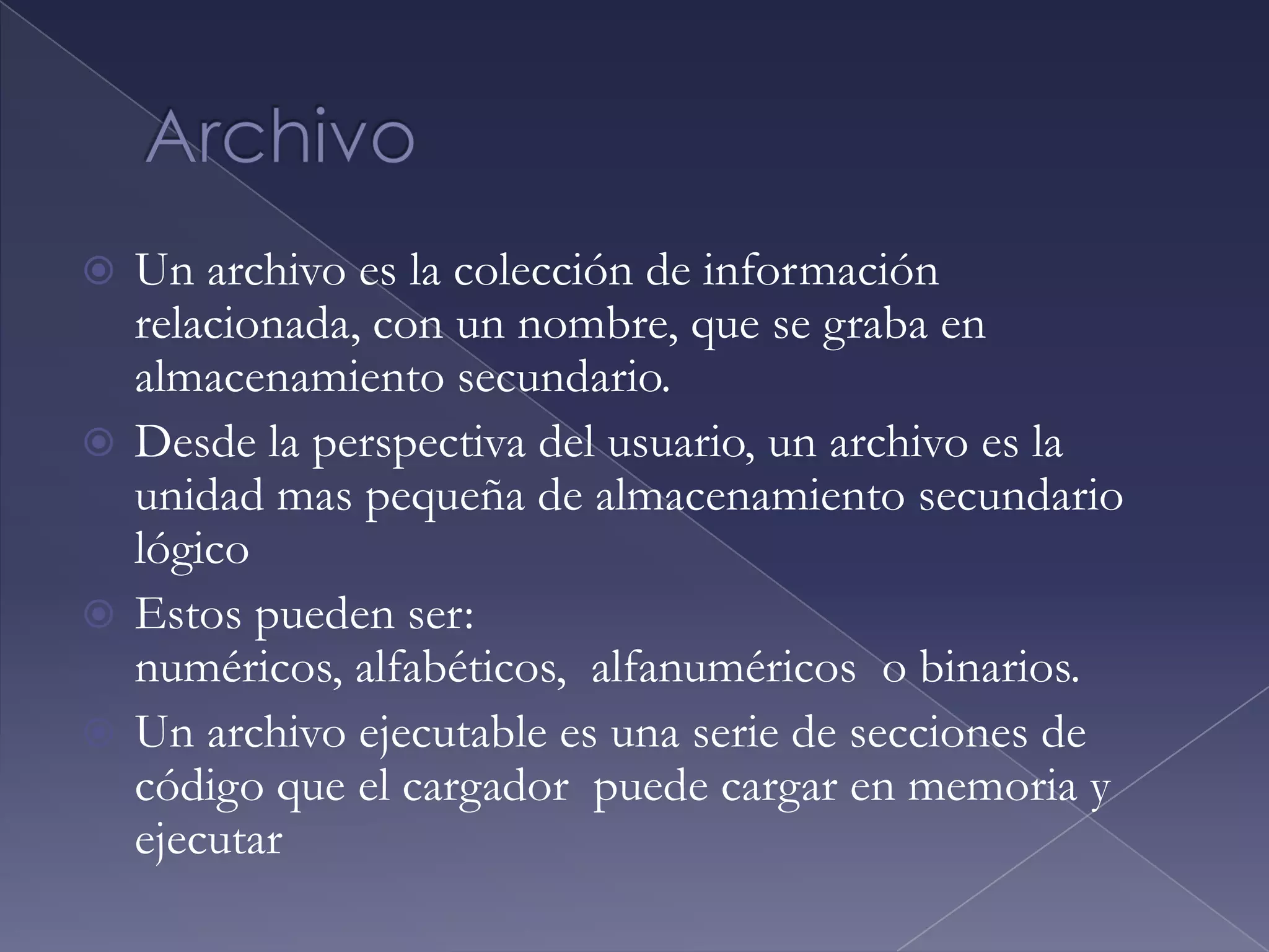  Analizar los compromisos de diseño de los sistemas de archivos, incluyendo los métodos de acceso, la compartición de archivos, el bloqueo de archivos y las estructuras de directorioIntroducción El sistema informático debe proporcionar un almacenamiento secundario que sirva como respaldo de la memoria principal.El sistema de archivos proporciona los mecanismos para el almacenamiento en línea de los datos y programas que residen en los discos para el acceso de esa informaciónEl sistema operativo mapea los archivos sobre los dispositivos físicos y normalmente se organizan en directorios para facilitar su uso.