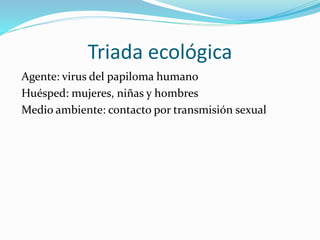 Triada ecológica
Agente: virus del papiloma humano
Huésped: mujeres, niñas y hombres
Medio ambiente: contacto por transmisión sexual