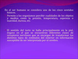En el ser humano se considera uno de los cinco sentidos
  básicos.
 Permite a los organismos percibir cualidades de los objetos
  y medios como la presión, temperatura, aspereza o
  suavidad, dureza, etc.


 El sentido del tacto se halla principalmente en la piel,
  órgano en el que se encuentran diferentes clases de
  receptores nerviosos que se encargan de transformar los
  distintos tipos de estímulos del exterior en información
  susceptible de ser interpretada por el cerebro.
 