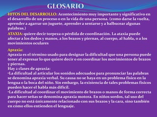 HITOS DEL DESARROLLO: Acontecimiento muy importante y significativo en
el desarrollo de un proceso o en la vida de una persona. (como darse la vuelta,
aprender a agarrar un juguete, aprender a sentarse y a balbucear algunas
palabras.)
ATAXIA: quiere decir torpeza o pérdida de coordinación. La ataxia puede
afectar a los dedos y manos, a los brazos y piernas, al cuerpo, al habla, o a los
movimientos oculares
Apraxia:
Apraxia es el término usado para designar la dificultad que una persona puede
tener al expresar lo que quiere decir o en coordinar los movimientos de brazos
y piernas.
Hay 2 clases de apraxia:
•La dificultad al articular los sonidos adecuados para pronunciar las palabras
se denomina apraxia verbal. Su causa no se haya en un problema físico en la
lengua o la boca del niño. Sin embargo, la existencia de tales problemas físicos
pueden hacer el habla más difícil.
•La dificultad al coordinar el movimiento de brazos o manos de forma correcta
para hacer señas se denomina apraxia motora. En niños sordos, tal uso del
cuerpo no está únicamente relacionado con sus brazos y la cara, sino también
en cómo ellos entienden el lenguaje.
 