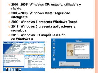  2001–2005: Windows XP: estable, utilizable y 
rápido 
 2006–2008: Windows Vista: seguridad 
inteligente 
 2009: Windows 7 presenta Windows Touch 
 2012: Windows 8 presenta aplicaciones y 
mosaicos 
 2013: Windows 8.1 amplía la visión 
de Windows 8 
