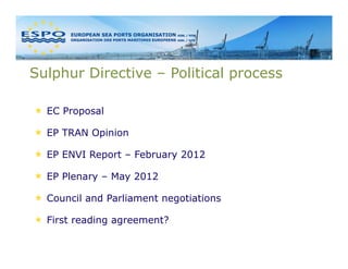 Sulphur Directive – Political process

  EC Proposal

  EP TRAN Opinion

  EP ENVI Report – February 2012

  EP Plenary – May 2012

  Council and Parliament negotiations

  First reading agreement?
 