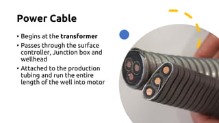 Power Cable
• Begins at the transformer
• Passes through the surface
controller, Junction box and
wellhead
• Attached to the production
tubing and run the entire
length of the well into motor
 