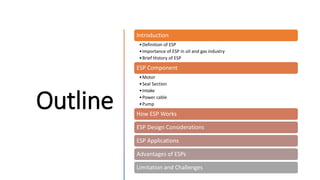 Outline
Introduction
•Definition of ESP
•Importance of ESP in oil and gas industry
•Brief History of ESP
ESP Component
•Motor
•Seal Section
•Intake
•Power cable
•Pump
How ESP Works
ESP Design Considerations
ESP Applications
Advantages of ESPs
Limitation and Challenges
 
