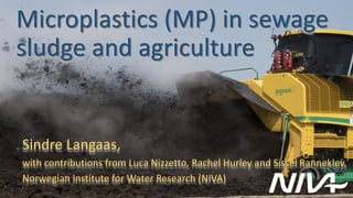 08.12.2018sindre.langaas@niva.no 1
Microplastics (MP) in sewage
sludge and agriculture
Sindre Langaas,
with contributions from Luca Nizzetto, Rachel Hurley and Sissel Ranneklev,
Norwegian Institute for Water Research (NIVA)
 
