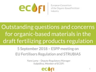 Outstanding questions and concerns
for organic-based materials in the
draft fertilizing products regulation
5 September 2018 – ESPP meeting on
EU Fertilisers Regulation and STRUBIAS
Yann Lamy – Deputy Regulatory Manager
Italpollina, Member of ECOFI
1
 