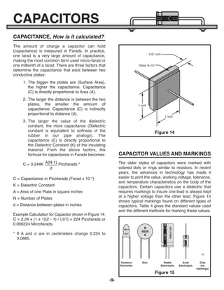 The amount of charge a capacitor can hold
(capacitance) is measured in Farads. In practice,
one farad is a very large amount of capacitance,
making the most common term used micro-farad or
one millionth of a farad. There are three factors that
determine the capacitance that exist between two
conductive plates:
1. The bigger the plates are (Surface Area),
the higher the capacitance. Capacitance
(C) is directly proportional to Area (A).
2. The larger the distance is between the two
plates, the smaller the amount of
capacitance. Capacitance (C) is indirectly
proportional to distance (d).
3. The larger the value of the dielectric
constant, the more capacitance (Dielectric
constant is equivalent to softness of the
rubber in our pipe analogy). The
capacitance (C) is directly proportional to
the Dielectric Constant (K) of the insulating
material. From the above factors, the
formula for capacitance in Farads becomes:
C = 0.244K Picofarads *
C = Capacitance in Picofarads (Farad x 10-12
)
K = Dielectric Constant
A = Area of one Plate in square inches
N = Number of Plates
d = Distance between plates in inches
Example Calculation for Capacitor shown in Figure 14.
C = 2.24 x (1 x 1)(2 - 1) / (.01) = 224 Picofarads or
0.000224 Microfarads.
* If A and d are in centimeters change 0.224 to
0.0885.
The older styles of capacitors were marked with
colored dots or rings similar to resistors. In recent
years, the advances in technology has made it
easier to print the value, working voltage, tolerance,
and temperature characteristics on the body of the
capacitors. Certain capacitors use a dielectric that
requires markings to insure one lead is always kept
at a higher voltage than the other lead. Figure 15
shows typical markings found on different types of
capacitors. Table 4 gives the standard values used
and the different methods for marking these values.
-9-
CAPACITANCE, How is it calculated?
CAPACITORS
A(N-1)
d
Figure 14
0.01 inch
Glass K=10
1 inch
1 inch
CAPACITOR VALUES AND MARKINGS
Figure 15
B
682K
K
+10
+16V
2200mF
25V
10mF
25V
Radial
Electrolytic
Axial
Electrolytic
Disc
Tantalum
Electrolytic
Chip
(no
markings)
ECK-10_REV-O_091416.qxp_ECK-10 9/14/16 2:50 PM Page 10
 