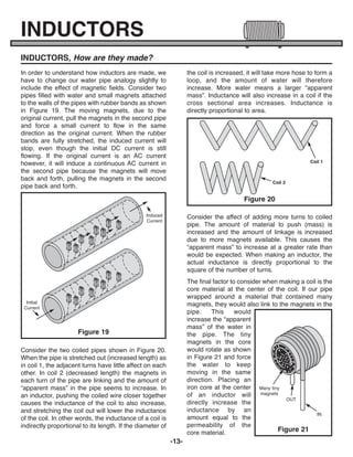 -13-
INDUCTORS, How are they made?
In order to understand how inductors are made, we
have to change our water pipe analogy slightly to
include the effect of magnetic fields. Consider two
pipes filled with water and small magnets attached
to the walls of the pipes with rubber bands as shown
in Figure 19. The moving magnets, due to the
original current, pull the magnets in the second pipe
and force a small current to flow in the same
direction as the original current. When the rubber
bands are fully stretched, the induced current will
stop, even though the initial DC current is still
flowing. If the original current is an AC current
however, it will induce a continuous AC current in
the second pipe because the magnets will move
back and forth, pulling the magnets in the second
pipe back and forth.
Consider the two coiled pipes shown in Figure 20.
When the pipe is stretched out (increased length) as
in coil 1, the adjacent turns have little affect on each
other. In coil 2 (decreased length) the magnets in
each turn of the pipe are linking and the amount of
“apparent mass” in the pipe seems to increase. In
an inductor, pushing the coiled wire closer together
causes the inductance of the coil to also increase,
and stretching the coil out will lower the inductance
of the coil. In other words, the inductance of a coil is
indirectly proportional to its length. If the diameter of
the coil is increased, it will take more hose to form a
loop, and the amount of water will therefore
increase. More water means a larger “apparent
mass”. Inductance will also increase in a coil if the
cross sectional area increases. Inductance is
directly proportional to area.
Consider the affect of adding more turns to coiled
pipe. The amount of material to push (mass) is
increased and the amount of linkage is increased
due to more magnets available. This causes the
“apparent mass” to increase at a greater rate than
would be expected. When making an inductor, the
actual inductance is directly proportional to the
square of the number of turns.
The final factor to consider when making a coil is the
core material at the center of the coil. If our pipe
wrapped around a material that contained many
magnets, they would also link to the magnets in the
pipe. This would
increase the “apparent
mass” of the water in
the pipe. The tiny
magnets in the core
would rotate as shown
in Figure 21 and force
the water to keep
moving in the same
direction. Placing an
iron core at the center
of an inductor will
directly increase the
inductance by an
amount equal to the
permeability of the
core material.
INDUCTORS
Figure 20
Figure 21
Coil 1
Coil 2
Many tiny
magnets
IN
OUT
Figure 19
Induced
Current
Initial
Current
ECK-10_REV-O_091416.qxp_ECK-10 9/14/16 2:50 PM Page 14
 