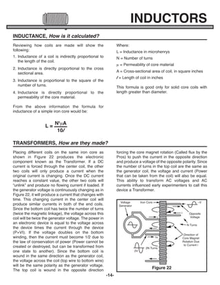 -14-
INDUCTORS
INDUCTANCE, How is it calculated?
Reviewing how coils are made will show the
following:
1. Inductance of a coil is indirectly proportional to
the length of the coil.
2. Inductance is directly proportional to the cross
sectional area.
3. Inductance is proportional to the square of the
number of turns.
4. Inductance is directly proportional to the
permeability of the core material.
From the above information the formula for
inductance of a simple iron core would be:
L =
Where:
L = Inductance in microhenrys
N = Number of turns
m = Permeability of core material
A = Cross-sectional area of coil, in square inches
l = Length of coil in inches
This formula is good only for solid core coils with
length greater than diameter.
N2
mA
10l
TRANSFORMERS, How are they made?
Placing different coils on the same iron core as
shown in Figure 22 produces the electronic
component known as the Transformer. If a DC
current is forced through the center coil, the other
two coils will only produce a current when the
original current is changing. Once the DC current
reaches a constant value, the other two coils will
“unlink” and produce no flowing current if loaded. If
the generator voltage is continuously changing as in
Figure 22, it will produce a current that changes with
time. This changing current in the center coil will
produce similar currents in both of the end coils.
Since the bottom coil has twice the number of turns
(twice the magnetic linkage), the voltage across this
coil will be twice the generator voltage. The power in
an electronic device is equal to the voltage across
the device times the current through the device
(P=VI). If the voltage doubles on the bottom
winding, then the current must become 1/2 due to
the law of conservation of power (Power cannot be
created or destroyed, but can be transformed from
one state to another). Since the bottom coil is
wound in the same direction as the generator coil,
the voltage across the coil (top wire to bottom wire)
will be the same polarity as the generator voltage.
The top coil is wound in the opposite direction
forcing the core magnet rotation (Called flux by the
Pros) to push the current in the opposite direction
and produce a voltage of the opposite polarity. Since
the number of turns in the top coil are the same as
the generator coil, the voltage and current (Power
that can be taken from the coil) will also be equal.
This ability to transform AC voltages and AC
currents influenced early experimenters to call this
device a Transformer.
Figure 22
Voltage
Generator
Iron Core –V
Opposite
Voltage
i
i
½i
2V
2N Turns
N Turns
Direction of
Core Magnet
Rotation Due
to Current i
ECK-10_REV-O_091416.qxp_ECK-10 9/14/16 2:50 PM Page 15
 