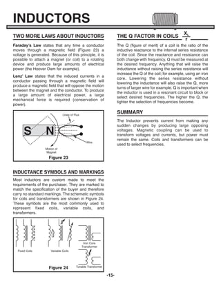 -15-
TWO MORE LAWS ABOUT INDUCTORS
Faraday’s Law states that any time a conductor
moves through a magnetic field (Figure 23) a
voltage is generated. Because of this principle, it is
possible to attach a magnet (or coil) to a rotating
device and produce large amounts of electrical
power (the Hoover Dam for example).
Lenz’ Law states that the induced currents in a
conductor passing through a magnetic field will
produce a magnetic field that will oppose the motion
between the magnet and the conductor. To produce
a large amount of electrical power, a large
mechanical force is required (conservation of
power).
Most inductors are custom made to meet the
requirements of the purchaser. They are marked to
match the specification of the buyer and therefore
carry no standard markings. The schematic symbols
for coils and transformers are shown in Figure 24.
These symbols are the most commonly used to
represent fixed coils, variable coils, and
transformers.
The Q (figure of merit) of a coil is the ratio of the
inductive reactance to the internal series resistance
of the coil. Since the reactance and resistance can
both change with frequency, Q must be measured at
the desired frequency. Anything that will raise the
inductance without raising the series resistance will
increase the Q of the coil; for example, using an iron
core. Lowering the series resistance without
lowering the inductance will also raise the Q, more
turns of larger wire for example. Q is important when
the inductor is used in a resonant circuit to block or
select desired frequencies. The higher the Q, the
tighter the selection of frequencies become.
The Inductor prevents current from making any
sudden changes by producing large opposing
voltages. Magnetic coupling can be used to
transform voltages and currents, but power must
remain the same. Coils and transformers can be
used to select frequencies.
INDUCTORS
Figure 23
Wire
Lines of Flux
Motion of
Magnet
S N
INDUCTANCE SYMBOLS AND MARKINGS
THE Q FACTOR IN COILS
SUMMARY
Figure 24
Fixed Coils Variable Coils
Iron Core
Transformer
Tunable Transformer
XL
r
ECK-10_REV-O_091416.qxp_ECK-10 9/14/16 2:50 PM Page 16
 