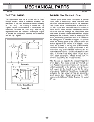 -22-
MECHANICAL PARTS
THE TOP LEGEND
The component side of a printed circuit board
should always have a drawing showing the
placement of the parts and their schematic marking
(R1, R2, etc.). This drawing is called the Top
Legend. When a board needs to be repaired, the
schematic becomes the “road map” and the top
legend becomes the “address” on the part. Figure
35 shows the correlation between the Schematic
and the Top Legend.
Different parts have been discussed. A printed
circuit board to interconnect these parts has been
discussed. Now it’s time to talk about the “Electronic
Glue” called Solder. Soldering wire is composed of
Tin and Copper with a rosin or acid core. Acid core
solder should never be used on electronic boards
since the acid will damage the components. Acid
core solder is mainly used to attach metals (copper
water pipes for example). When tin and copper are
mixed, the melting point of the mixture is lower than
the melting point of either tin or copper. The point at
which the melting point is the lowest is when the
mixture equals 99.3% tin and 0.7% copper. This is
called the eutectic (u tek’tik) point of the mixture.
The most common flux placed at the center of this
hollow wire alloy is Rosin based. Removing the flux
from the board requires a chemical that can dissolve
rosin. In recent years many water soluble fluxes
have been developed. These fluxes can be
removed by washing the boards in water.
After the parts are placed in the holes on the printed
circuit board, their leads should be trimmed and
bent. A good mechanical connection will improve the
soldering capability of the parts by forcing the part
and copper on the board to rise to the same
temperature. Positioning the soldering iron correctly
and using the right amount of heat are crucial to a
good solder job. Solder practicing is highly
recommended (Elenco®
Solder Practice Kit Model
SP-1A).
SOLDER, The Electronic Glue
Figure 35
Schematic
Printed Circuit Board
R1
C1
R2
B+
T1
D1
C2
Q1
R1
C1
R2
T1
D1
C2
Q1
ECK-10_REV-O_091416.qxp_ECK-10 9/14/16 2:50 PM Page 23
 