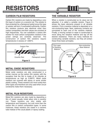 -3-
RESISTORS
CARBON FILM RESISTORS
Carbon film resistors are made by depositing a very
thin layer of carbon on a ceramic rod. The resistor is
then protected by a flameproof jacket since this type
of resistor will burn if overloaded sufficiently. Carbon
film resistors produce less electrical noise than
carbon composition and their values are constant at
high frequencies. You can substitute a carbon film
resistor for most carbon composition resistors if the
power ratings are carefully observed. The
construction of carbon film resistors require
temperatures in excess of 1,000O
C.
Metal oxide resistors are also constructed in a
similar manner as the carbon film resistor with the
exception that the film is made of tin chloride at
temperatures as high as 5,000O
C. Metal oxide
resistors are covered with epoxy or some similar
plastic coating. These resistors are more costly than
other types and therefore are only used when circuit
constraints make them necessary.
Metal film resistors are also made by depositing a
film of metal (usually nickel alloy) onto a ceramic
rod. These resistors are very stable with
temperature and frequency, but cost more than the
carbon film or carbon composition types. In some
instances, these resistors are cased in a ceramic
tube instead of the usual plastic or epoxy coating.
When a resistor is constructed so its value can be
adjusted, it is called a variable resistor. Figure 6
shows the basic elements present in all variable
resistors. First a resistive material is deposited on a
non-conducting base. Next, stationary contacts are
connected to each end of the resistive material.
Finally, a moving contact or wiper is constructed to
move along the resistive material and tap off the
desired resistance. There are many methods for
constructing variable resistors, but they all contain
these three basic principles.
Figure 5
METAL OXIDE RESISTORS
METAL FILM RESISTORS
THE VARIABLE RESISTOR
Figure 6
Carbon Film
Ceramic Rod Flameproof Jacket
Leads
Movable
Arm
Wiper
Contact
Stationary
Contact
Thin Layer
of Resistive
Material
Non-conductive
Base Material
ECK-10_REV-O_091416.qxp_ECK-10 9/14/16 2:49 PM Page 4
 