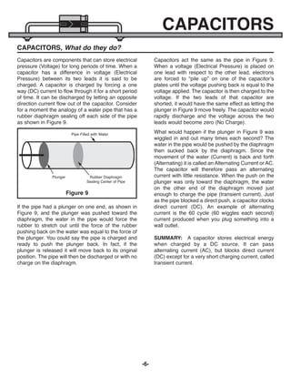 -6-
CAPACITORS, What do they do?
Capacitors are components that can store electrical
pressure (Voltage) for long periods of time. When a
capacitor has a difference in voltage (Electrical
Pressure) between its two leads it is said to be
charged. A capacitor is charged by forcing a one
way (DC) current to flow through it for a short period
of time. It can be discharged by letting an opposite
direction current flow out of the capacitor. Consider
for a moment the analogy of a water pipe that has a
rubber diaphragm sealing off each side of the pipe
as shown in Figure 9.
If the pipe had a plunger on one end, as shown in
Figure 9, and the plunger was pushed toward the
diaphragm, the water in the pipe would force the
rubber to stretch out until the force of the rubber
pushing back on the water was equal to the force of
the plunger. You could say the pipe is charged and
ready to push the plunger back. In fact, if the
plunger is released it will move back to its original
position. The pipe will then be discharged or with no
charge on the diaphragm.
Capacitors act the same as the pipe in Figure 9.
When a voltage (Electrical Pressure) is placed on
one lead with respect to the other lead, electrons
are forced to “pile up” on one of the capacitor’s
plates until the voltage pushing back is equal to the
voltage applied. The capacitor is then charged to the
voltage. If the two leads of that capacitor are
shorted, it would have the same effect as letting the
plunger in Figure 9 move freely. The capacitor would
rapidly discharge and the voltage across the two
leads would become zero (No Charge).
What would happen if the plunger in Figure 9 was
wiggled in and out many times each second? The
water in the pipe would be pushed by the diaphragm
then sucked back by the diaphragm. Since the
movement of the water (Current) is back and forth
(Alternating) it is called an Alternating Current or AC.
The capacitor will therefore pass an alternating
current with little resistance. When the push on the
plunger was only toward the diaphragm, the water
on the other end of the diaphragm moved just
enough to charge the pipe (transient current). Just
as the pipe blocked a direct push, a capacitor clocks
direct current (DC). An example of alternating
current is the 60 cycle (60 wiggles each second)
current produced when you plug something into a
wall outlet.
SUMMARY: A capacitor stores electrical energy
when charged by a DC source. It can pass
alternating current (AC), but blocks direct current
(DC) except for a very short charging current, called
transient current.
CAPACITORS
Pipe Filled with Water
Rubber Diaphragm
Sealing Center of Pipe
Plunger
Figure 9
ECK-10_REV-O_091416.qxp_ECK-10 9/14/16 2:50 PM Page 7
 
