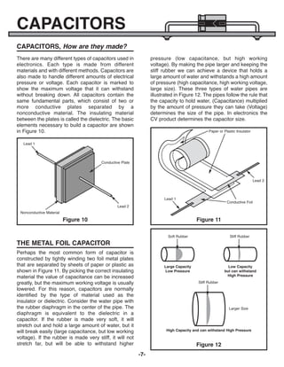 -7-
CAPACITORS, How are they made?
There are many different types of capacitors used in
electronics. Each type is made from different
materials and with different methods. Capacitors are
also made to handle different amounts of electrical
pressure or voltage. Each capacitor is marked to
show the maximum voltage that it can withstand
without breaking down. All capacitors contain the
same fundamental parts, which consist of two or
more conductive plates separated by a
nonconductive material. The insulating material
between the plates is called the dielectric. The basic
elements necessary to build a capacitor are shown
in Figure 10.
Perhaps the most common form of capacitor is
constructed by tightly winding two foil metal plates
that are separated by sheets of paper or plastic as
shown in Figure 11. By picking the correct insulating
material the value of capacitance can be increased
greatly, but the maximum working voltage is usually
lowered. For this reason, capacitors are normally
identified by the type of material used as the
insulator or dielectric. Consider the water pipe with
the rubber diaphragm in the center of the pipe. The
diaphragm is equivalent to the dielectric in a
capacitor. If the rubber is made very soft, it will
stretch out and hold a large amount of water, but it
will break easily (large capacitance, but low working
voltage). If the rubber is made very stiff, it will not
stretch far, but will be able to withstand higher
pressure (low capacitance, but high working
voltage). By making the pipe larger and keeping the
stiff rubber we can achieve a device that holds a
large amount of water and withstands a high amount
of pressure (high capacitance, high working voltage,
large size). These three types of water pipes are
illustrated in Figure 12. The pipes follow the rule that
the capacity to hold water, (Capacitance) multiplied
by the amount of pressure they can take (Voltage)
determines the size of the pipe. In electronics the
CV product determines the capacitor size.
CAPACITORS
THE METAL FOIL CAPACITOR
Soft Rubber
Figure 12
Stiff Rubber
Stiff Rubber
Larger Size
Large Capacity
Low Pressure
Low Capacity
but can withstand
High Pressure
High Capacity and can withstand High Pressure
Figure 10
Lead 1
Nonconductive Material
Conductive Plate
Lead 2
Figure 11
Lead 1
Paper or Plastic Insulator
Conductive Foil
Lead 2
ECK-10_REV-O_091416.qxp_ECK-10 9/14/16 2:50 PM Page 8
 