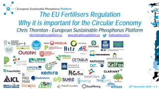 28th November 2018 – n°1
The EU Fertilisers Regulation
Why it is important for the Circular Economy
Chris Thornton - European Sustainable Phosphorus Platform
info@phosphorusplatform.eu www.phosphorusplatform.eu @phosphorusfacts
 