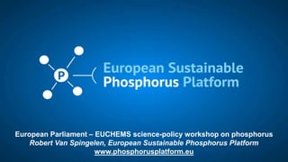 Robert Van Spingelen, ESPP, EUCHEMS workshop 25 May 2023 1
European Parliament – EUCHEMS science-policy workshop on phosphorus
Robert Van Spingelen, European Sustainable Phosphorus Platform
www.phosphorusplatform.eu
 