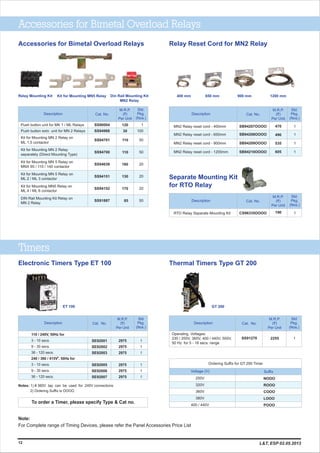 Separate Mounting Kit
for RTO Relay
M.R.P.
(`)
Per Unit
RTO Relay Separate Mounting Kit 1CS96335OOOO
Description Cat. No.
Std.
Pkg.
(Nos.)
190
Timers
Electronic Timers Type ET 100 Thermal Timers Type GT 200
Notes: 1) # 360V tap can be used for 240V connections
2) Ordering Suffix is OOOO
2975
2975
2975
2975
2975
2975
M.R.P.
(`)
Per Unit
Description
110 / 240V, 50Hz for
3 - 10 secs.
9 - 30 secs.
36 - 120 secs.
#
240 / 360 / 415V , 50Hz for
3 - 10 secs.
9 - 30 secs.
36 - 120 secs.
SE92001
SE92002
SE92003
SE92005
SE92006
SE92007
Cat. No.
Std
Pkg.
(Nos.)
1
1
1
1
1
1
ET 100 GT 200
2255
M.R.P.
(`)
Per Unit
Description
Operating Voltages:
230 / 250V, 360V, 400 / 440V, 500V,
50 Hz for 5 - 18 secs. range
SS91270 1
Std
Pkg.
(Nos.)
Cat. No.
Voltage (V)
250V
320V
360V
380V
400 / 440V
NOOO
ROOO
COOO
LOOO
POOO
Suffix
Ordering Suffix for GT 200 Timer
12
To order a Timer, please specify Type & Cat no.
Note:
For Complete range of Timing Devices, please refer the Panel Accessories Price List
Accessories for Bimetal Overload Relays
Accessories for Bimetal Overload Relays
Kit for Mounting MN5 Relay Din Rail Mounting Kit
MN2 Relay
Relay Reset Cord for MN2 Relay
M.R.P.
(`)
Per Unit
MN2 Relay reset cord - 400mm
MN2 Relay reset cord - 650mm
MN2 Relay reset cord - 900mm
MN2 Relay reset cord - 1200mm
1
1
1
1
SB94207OOOO
SB94208OOOO
SB94209OOOO
SB94210OOOO
Description Cat. No.
Std.
Pkg.
(Nos.)
470
490
535
605
400 mm 650 mm 900 mm 1200 mmRelay Mounting Kit
110
110
160
130
170
85
M.R.P.
(`)
Per Unit
Description Cat. No.
Std.
Pkg.
(Nos.)
Push button unit for MK 1 / ML Relays
Push button extn. unit for MN 2 Relays
Kit for Mounting MN 2 Relay on
ML 1.5 contactor
Kit for Mounting MN 2 Relay
separately (Direct Mounting Type)
Kit for Mounting MN 5 Relay on
MNX 95 / 110 / 140 contactor
Kit for Mounting MN 5 Relay on
ML 2 / ML 3 contactor
Kit for Mounting MN5 Relay on
ML 4 / ML 6 contactor
DIN Rail Mounting Kit Relay on
MN 2 Relay
SS90004
SS94968
SS94701
SS94700
SS94638
SS94151
SS94152
SS91887
1
100
50
50
20
20
20
50
120
30
L&T, ESP 02.05.2013
 
