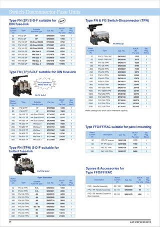 Switch-Disconnector-Fuse Units
Type FN & FG Switch-Disconnector (TPN)
Spares & Accessories for
Type FFO/FF/FAC
70
80
400
M.R.P.
(`)
Per Unit
63 / 100
32 / 63
32 / 63
SK90453
SK90998
SK91079
1
1
1
Description
Rated
Current
(A)
Cat. No.
Std.
Pkg.
(Nos.)
FAC - Handle Assembly
FFO / FF Handle Assembly
FFO / FF Handle Coupler &
Door Interlock
FN TPN S-D
Type FFO/FF/FAC suitable for panel mounting
1175
1780
3300
5400
M.R.P.
(`)
Per Unit
Description
Rated
Current
(A)
Cat. No.
Std.
Pkg.
(Nos.)
FFO TP Interior
FF TP Interior
FAC 63 TPN
FAC 100 TPN
32
63
63
100
SK91100
SK91000
SK95156
SK95157
1
1
1
1
M.R.P.
(`)
Per Unit
Std.
Pkg.
(Nos.)
Cat. No.Type
Rated
Current
(A)
1525
2075
4220
5160
7135
8875
10560
12970
19470
22545
29415
33740
49170
62350
166570
197630
201305
1
1
1
1
1
1
1
1
1
1
1
1
1
1
1
1
1
SK95541
SK95540
SK95571
SK95405
SK95607
SK95683
SK95609
SK95610
SK95611
SK95551
SK95710
SK95992
ST30198
ST30199
ST30200
ST30201
ST30202
FN 32 TPN / 4P
FN 63 TPN / 4P
FN 100 TPN
FN 125 TPN
FN 200 TPN
FN 250 TPN
FN 315 TPN
FN 400 TPN
FN 630 TPN
FN 800 TPN
FN 1000 TPN
FN 1000H TPN
FG 1250 TPN
FG 1600 TPN
FG 2000 TPN
FG 2500 TPN
FG 3150 TPN
32
63
100
125
200
250
315
400
630
800
1000
1000
1250
1600
2000
2500
3150
Refer catalogue for short circuit withstand capacity
24
Type FN (TP) S-D-F suitable for DIN fuse-link
FN TP S-D-F
Type FN (TPN) S-D-F suitable for
bolted fuse-link
1550
2090
4255
5260
5605
6890
9020
11825
13010
21985
M.R.P.
(`)
Per Unit
1
1
1
1
1
1
1
1
1
1
Std.
Pkg
(Nos.)
SK95653
SK95651
SK95570
SK95009
SK95714
SK95588
SK95682
SK95590
SK95591
SK95592
Cat. No.
A1L
A1L
A4
A4
A4
B2
B2 / B3
B3
B4
C2
Suitable
fuse-link type
Open Execution
Type
FN 32 TPN
FN 63 TPN
FN 100 TPN
FN 125 TPN
FN 160 TPN
FN 200 TPN
FN 250 TPN
FN 315 TPN
FN 400 TPN
FN 630 TPN
Rated
Current
(A)
32
63
100
125
160
200
250
315
400
630
FN TPN S-D-F
For Capacitor &
Motor back-up
1455
1965
4150
5335
5990
7685
9255
11450
13790
22435
24460
M.R.P.
(`)
Per Unit
32
63
100
125
160
200
250
315
400
630
800
Rated
Current
(A)
FN 32 TP
FN 63 TP
FN 100 TP
FN 125 TP
FN 160 TP
FN 200 TP
FN 250 TP
FN 315 TP
FN 400 TP
FN 630 TP
FN 800 TP
Type Cat. No.
ST27892
ST27893
ST30287
ST27894
SK95998
ST27895
ST31731
ST27897
ST27898
ST27899
ST27900
1
1
1
1
1
1
1
1
1
1
1
Std.
Pkg.
(Nos.)
Suitable
fuse-link type
HF
HF
HN Size 000/00
HN Size 000/00
HN Size 000/00
HN Size 0
HN Size 1
HN Size 1
HN Size 2
HN Size 3
HN Size 3
1315
1765
3750
4515
4920
6255
7380
9335
11245
17895
M.R.P.
(`)
Per Unit
1
1
1
1
1
1
1
1
1
1
Std.
Pkg
(Nos.)
SK95594
SK95595
ST35086
ST35087
ST35088
ST35089
ST31674
ST38930
ST31676
ST35090
Cat. No.
HF
HF
HN Size 000/00
HN Size 000/00
HN Size 000/00
HN Size 0
HN Size 1
HN Size 1
HN Size 2
HN Size 3
Suitable
fuse-link type
Type
FN 32 2P
FN 63 2P
FN 100 2P
FN 125 2P
FN 160 2P
FN 200 2P
FN 250 2P
FN 315 2P
FN 400 2P
FN 630 2P
Rated
Current
(A)
32
63
100
125
160
200
250
315
400
630
Type FN (2P) S-D-F suitable for
DIN fuse-link
New
L&T, ESP 02.05.2013
 
