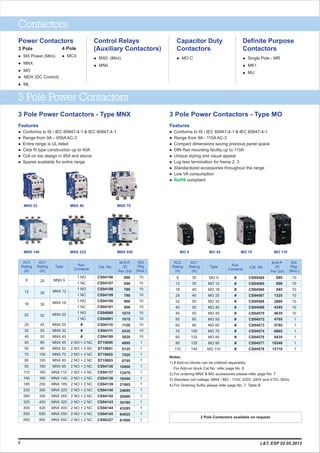 3 Pole Power Contactors
Contactors
Power Contactors
3 Pole
l MX Power (Mini)
l MNX
l MO
l MDX (DC Control)
l ML
4 Pole
MCXl
Control Relays
(Auxiliary Contactors)
Definite Purpose
Contactors
Features
l
l Range from 9A – 650A AC-3
l Entire range is UL listed
l Click fit type construction up to 40A
l Coil on top design in 95A and above
l Spares available for entire range
Conforms to IS / IEC 60947-4-1 & IEC 60947-4-1
Features
l
l Range from 9A - 110A AC-3
l Compact dimensions saving precious panel space
l DIN Rail mounting facility up to 110A
l Unique styling and visual appeal
l Lug less termination for frame 2, 3
l Standardized accessories throughout the range
l Low VA consumption
l compliant
Conforms to IS / IEC 60947-4-1 & IEC 60947-4-1
RoHS
3 Pole Power Contactors - Type MNX
Cat. No.
M.R.P.
(`)
Per Unit
1 NO
1 NC
1 NO
1 NC
1 NO
1 NC
1 NO
1 NC
2 NO + 2 NC
2 NO + 2 NC
2 NO + 2 NC
2 NO + 2 NC
2 NO + 2 NC
2 NO + 2 NC
2 NO + 2 NC
2 NO + 2 NC
2 NO + 2 NC
2 NO + 2 NC
2 NO + 2 NC
2 NO + 2 NC
2 NO + 2 NC
2 NO + 2 NC
#
#
#
25
30
30
32
45
55
55
85
85
100
100
160
160
160
250
300
350
400
425
650
800
MNX 9
MNX 12
MNX 18
MNX 22
MNX 25
MNX 32
MNX 40
MNX 45
MNX 50
MNX 70
MNX 80
MNX 95
MNX 110
MNX 140
MNX 185
MNX 225
MNX 265
MNX 325
MNX 400
MNX 550
MNX 650
Type
AC1
Rating
(A)
AC3
Rating
(A)
Aux.
Contacts
9
12
18
22
25
32
40
45
50
70
80
95
110
140
185
225
265
325
400
550
650
Std.
Pkg.
(Nos.)
10
10
10
10
10
10
10
10
10
10
10
1
1
1
1
1
1
1
1
1
1
1
1
1
1
CS94106
CS94107
CS94108
CS94109
CS94100
CS94101
CS94980
CS94981
CS94110
CS94111
CS94190
ST19000
ST19001
ST19002
ST19003
CS94136
CS94137
CS94138
CS94139
CS94140
CS94142
CS94143
CS94144
CS94145
CS96327
690
690
780
780
900
900
1075
1075
1120
2435
3820
4995
5125
7025
8795
10600
12470
16540
21965
24895
29480
34180
43285
64025
81980
MNX 22 MNX 40 MNX 70
MNX 140 MNX 225 MNX 650
3 Pole Power Contactors - Type MO
MO 45MO 9 MO 70 MO 110
Cat. No.
M.R.P.
(`)
Per Unit
Type
AC1
Rating
(A)
AC3
Rating
(A)
Aux.
Contacts
Std.
Pkg.
(Nos.)
MO 9
MO 12
MO 18
MO 25
MO 32
MO 40
MO 45
MO 50
MO 60
MO 70
MO 80
MO 95
MO 110
9
12
18
25
32
40
45
50
60
70
80
95
110
30
35
40
45
50
50
50
65
80
100
125
125
140
#
#
#
#
#
#
#
#
#
#
#
#
#
10
10
10
10
10
10
10
1
1
1
1
1
1
CS94564
CS94565
CS94566
CS94567
CS94568
CS94569
CS94570
CS94572
CS94573
CS94574
CS94576
CS94577
CS94578
695
800
945
1325
2880
4345
4635
4765
5765
6665
8435
10240
12110
Notes:
1) # Add-on blocks can be ordered separately.
For Add-on block Cat No. refer page No. 6
2) For ordering MNX & MO accessories please refer page No. 7
3) Standard coil voltage: MNX / MO - 110V, 220V, 240V and 415V, 50Hz.
4) For Ordering Suffix please refer page No. 7, Table B
2
l MX0 (Mini)
l MN0
Capacitor Duty
Contactors
l MO C l Single Pole - MR
l MK1
l MU
L&T, ESP 02.05.2013
2 Pole Contactors available on request.
 