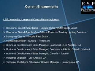 Current Engagements



LED Luminaire, Lamp and Control Manufacturers:


 Director of Global Retail Sales – Lamps (Retail /OEM/Private Label)
 Director of Global Specification Sales – Projects / Turnkey Lighting Solutions
 Managing Director – Middle East, Dubai
 Managing Director – Europe – Rotterdam
 Business Development / Sales Manager, Southwest – Los Angeles, CA
 Business Development / Sales Manager, Southeast – Atlanta, Orlando or Miami
 Business Development / Sales Manager, Canada – Toronto
 Industrial Engineer – Los Angeles, CA
 Technical Quotations / Customer Service Manager – Los Angeles, CA
 