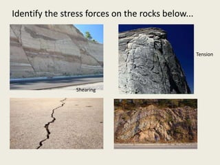 Identify the stress forces on the rocks below...
Shearing
Tension
 