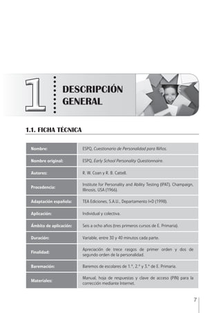 7
Nombre: ESPQ, Cuestionario de Personalidad para Niños.
Nombre original: ESPQ, Early School Personality Questionnaire.
Autores: R. W. Coan y R. B. Cattell.
Procedencia:
Institute for Personality and Ability Testing (IPAT), Champaign,
Illinosis, USA (1966).
Adaptación española: TEA Ediciones, S.A.U., Departamento I+D (1998).
Aplicación: Individual y colectiva.
Ámbito de aplicación: Seis a ocho años (tres primeros cursos de E. Primaria).
Duración: Variable, entre 30 y 40 minutos cada parte.
Finalidad:
Apreciación de trece rasgos de primer orden y dos de
segundo orden de la personalidad.
Baremación: Baremos de escolares de 1.º, 2.º y 3.º de E. Primaria.
Materiales:
Manual, hoja de respuestas y clave de acceso (PIN) para la
corrección mediante Internet.
1
1
1
1
1
1
1
1
1 DESCRIPCIÓN
GENERAL
1.1. FICHA TÉCNICA
ESPQ Manual 2012.indd 7 11/01/2013 9:35:10
 