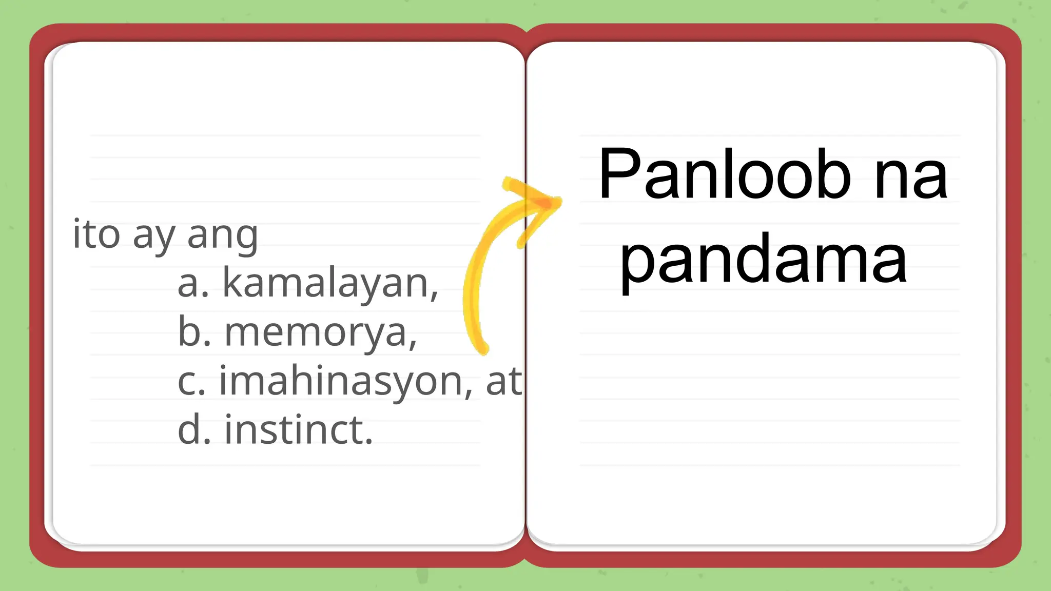 ito ay ang
a. kamalayan,
b. memorya,
c. imahinasyon, at
d. instinct.
Panloob na
pandama
 