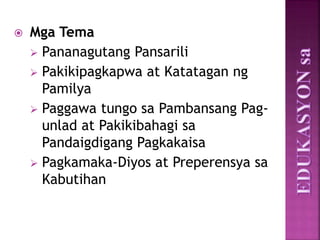  Mga Tema
 Pananagutang Pansarili
 Pakikipagkapwa at Katatagan ng
Pamilya
 Paggawa tungo sa Pambansang Pag-
unlad at Pakikibahagi sa
Pandaigdigang Pagkakaisa
 Pagkamaka-Diyos at Preperensya sa
Kabutihan
 