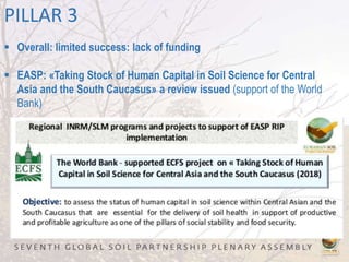 PILLAR 3
 Overall: limited success: lack of funding
 EASP: «Taking Stock of Human Capital in Soil Science for Central
Asia and the South Caucasus» a review issued (support of the World
Bank)
 