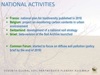 NATIONAL ACTIVITIES
 France: national plan for biodiversity published in 2018
 Belgium: project on monitoring carbon contents in urban
environement
 Switzerland: development of a national soil strategy
 Israel: beta-version of the Soil Archive launched
 Common Forum: started to focus on diffuse soil pollution (policy
brief by the end of 2019)
 