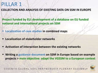 PILLAR 1
COLLECTION AND ANALYSIS OF EXISTING DATA ON SSM IN EUROPE
Project funded by EU: development of a database on EU funded
national and international projects on SSM
 Localization of case studies in combined maps
 Localization of stakeholder networks
 Activation of interaction between the existing networks
 Writing a guidance document on SSM in Europe based on example
projects > main objective: adapt the VGSSM to a European context
 