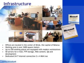 Since 2000 year in offshore development businessDevelopment Team:Software Managers 	– 19Software Developers 	– 125Technical Writers and Designers– 7Semantic Tools Team 	– 18Quality Assurance Team 	– 41Support and Administration 	– 9Scientific Knowledge Team:Domain Experts/Scientists 	  – 56 (24 PhDs)Graphic Designers 	  – 7Technical Editors and Translators – 10EffectiveSoft is a team of experienced software developers, architecture engineers and scientists in different technical domains. We do our best to innovate our products – enrich them with new features in order to meet the requirements and needs of the clients, to come up to their expectations and contribute to business profit. 