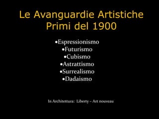 Le Avanguardie Artistiche
Primi del 1900
Espressionismo
Futurismo
Cubismo
Astrattismo
Surrealismo
Dadaismo
In Architettura: Liberty – Art nouveau
 