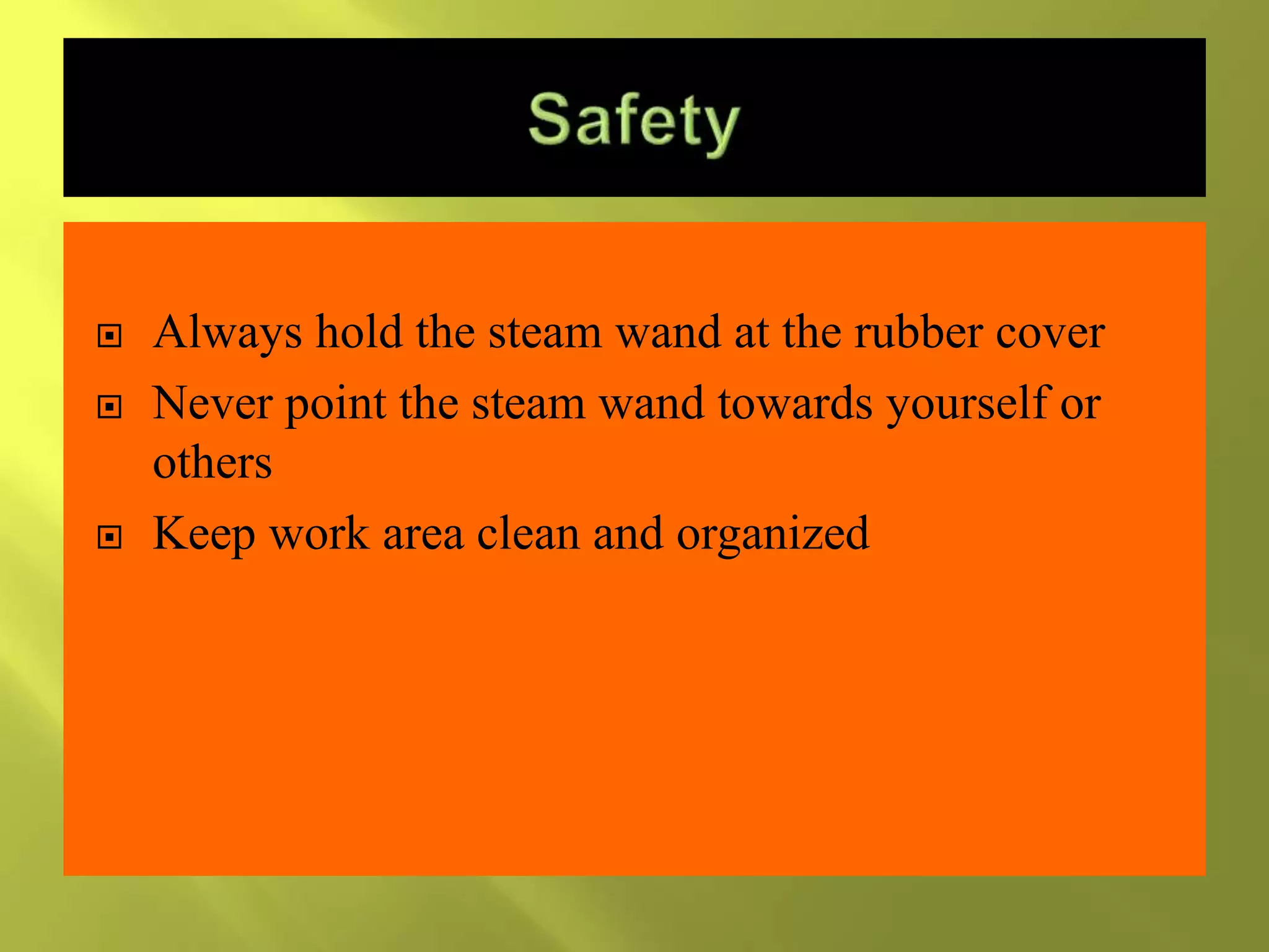  Always hold the steam wand at the rubber cover
 Never point the steam wand towards yourself or
others
 Keep work area clean and organized
 