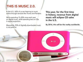 THIS IS MUSIC 2.0.
In the U.S., 62% of us are listening to music      This year, for the ﬁrst time
online through services...