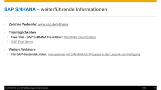© 2016 SAP SE or an SAP affiliate company. All rights reserved. 16Public
SAP S/4HANA – weiterführende Informationen
• Zentrale Webseite: www.sap.de/s4hana
• Trialmöglichkeiten
• Free Trial - SAP S/4HANA live erleben: S/4HANA Cloud Edition
• SAP Fiori Demo
• Weitere Webinare
• Für SAP-Bestandskunden: Innovationen mit S/4HANA für Prozesse in der Logistik und Fertigung
 