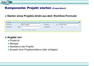 Komponente: Projekt starten                 ('ProjectStart')



 Starten eines Projekts direkt aus dem Workflow-Formular




 Angabe von
  Projekt-Id
  Manager
  Startdatum des Projekts
  Auswahl einer Projektschablone (falls verfügbar)
 