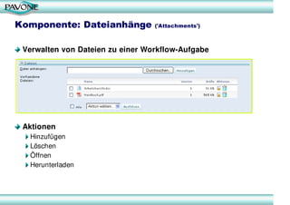 Komponente: Dateianhänge          ('Attachments')



 Verwalten von Dateien zu einer Workflow-Aufgabe




 Aktionen
  Hinzufügen
  Löschen
  Öffnen
  Herunterladen
 