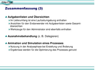 Zusammenfassung (3)

 Aufgabenlisten und Übersichten
  Im Lieferumfang ist eine Laufzeitumgebung enthalten
  Ansichten für den Endanwender mit Aufgabenlisten sowie Gesamt-
  übersichten
  Werkzeuge für den Administrator sind ebenfalls enthalten

 Ausnahmebehandlung (z. B. Delegieren)

 Animation und Simulation eines Prozesses
  Nutzung in der Analysephase bei Erstellung und Änderung
  Ergebnisse werden für die Optimierung des Prozesses genutzt
 