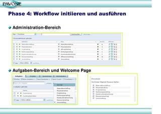 Phase 4: Workflow initiieren und ausführen

 Administration-Bereich




 Aufgaben-Bereich und Welcome Page
 