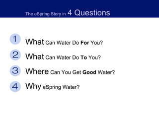What  Can Water Do  For  You?  What  Can Water Do  To  You?  Where  Can You Get  Good  Water?  Why  eSpring Water?    The eSpring Story in   4 Questions 