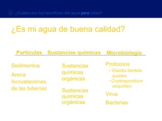 Sustancias químicas Microbiología Sedimentos Arena Incrustaciones  de las tuberías Sustancias  químicas  orgánicas Sustancias  químicas  orgánicas Protozoos -  Giardia lamblia   quistes - Criptosporidium   ooquistes Virus Bacterias Partículas ¿Es mi agua de buena calidad? 2  ¿Cuáles son los beneficios del agua   para   usted? 