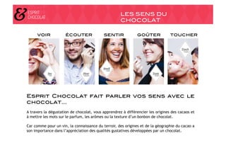 LES SENS DU
                                                     CHOCOLAT!

     voir            écouter               sentir             goûter             toucher




Esprit Chocolat fait parler vos sens avec le
chocolat…!
A travers la dégustation de chocolat, vous apprendrez à différencier les origines des cacaos et
à mettre les mots sur le parfum, les arômes ou la texture d’un bonbon de chocolat.

Car comme pour un vin, la connaissance du terroir, des origines et de la géographie du cacao a
son importance dans l’appréciation des qualités gustatives développées par un chocolat.
 